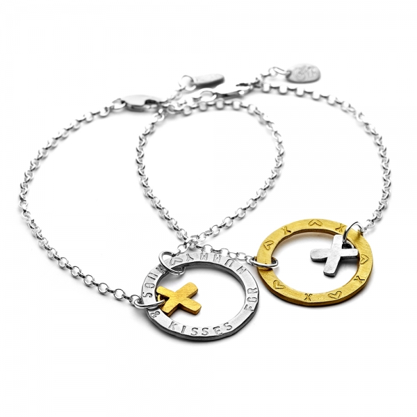 personalised sterling silver and gold hug and kiss bracelet