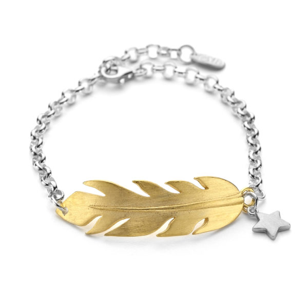 feather charm bracelet in sterling silver and gold