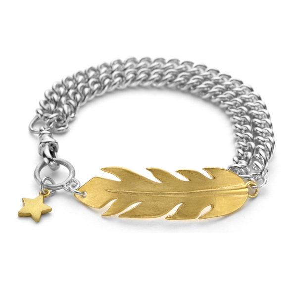 chunky sterling silver and gold feather bracelet