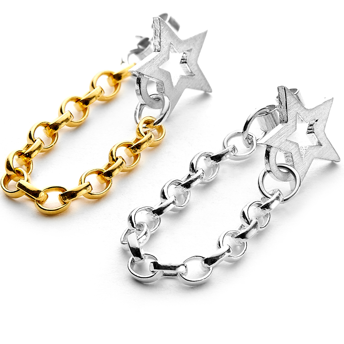 sterling silver and gold star chain hoop earrings