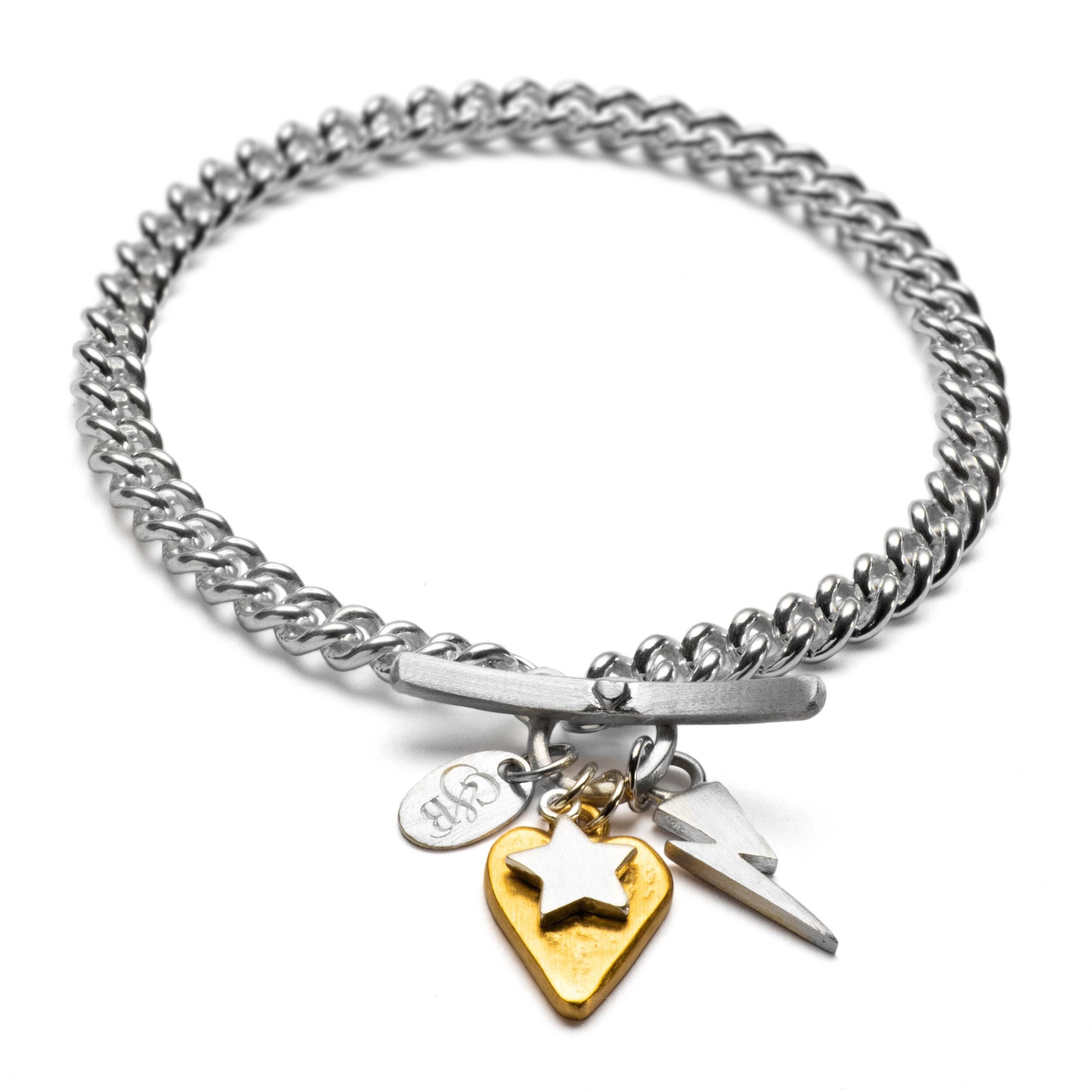 chunky sterling silver charm bracelet with gold heart