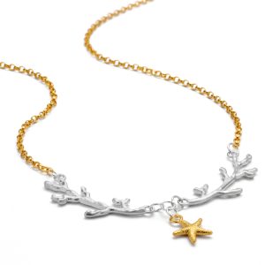 gold plate necklace with silver coral charms