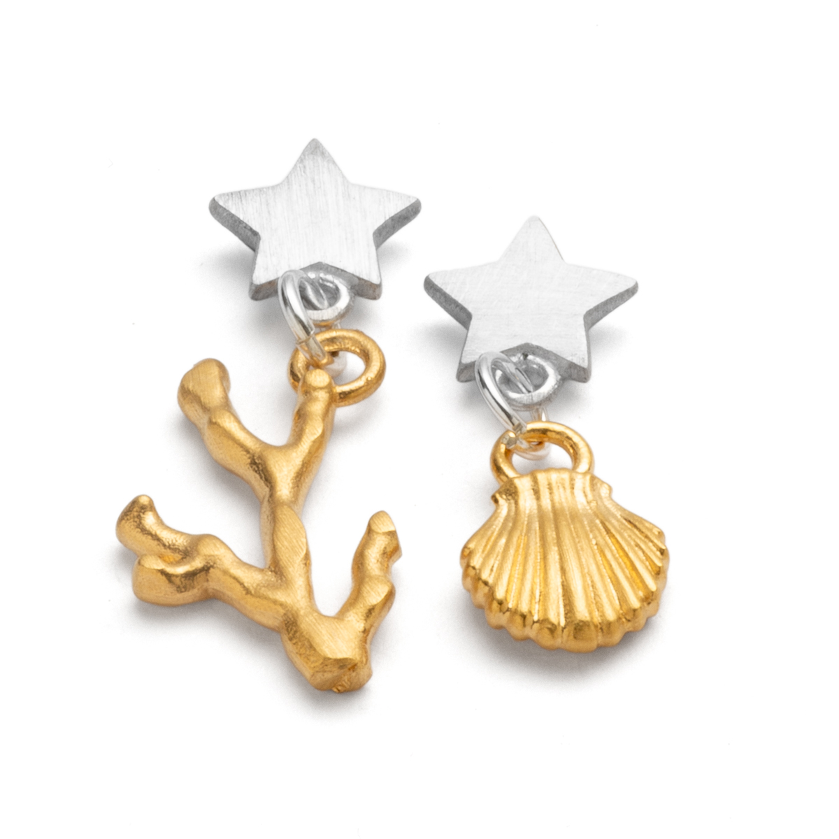 sterling silver star earrings with beach charms in gold plate